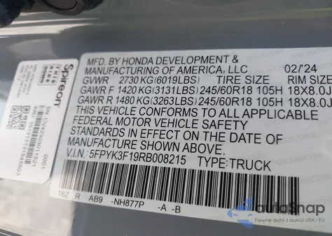 2024 Honda Ridgeline Sport from USA, damaged, VIN 5FPYK3F19RB008215